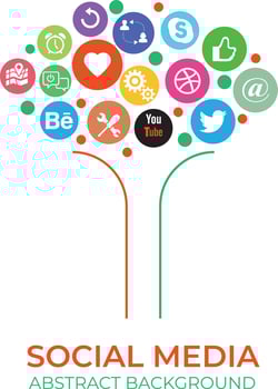 Abstract social media background with lines, connected circles, integrated flat icons. Growth flower concept with network, computer, technology, speech bubble icon. Vector interactive illustration