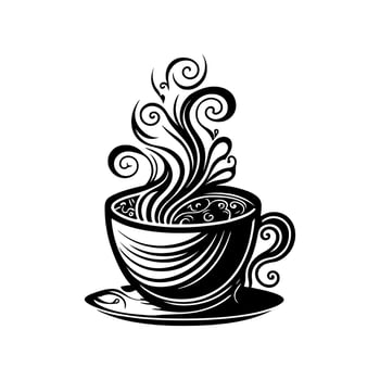 Ornamental design of coffee cup with steam. Vector illustration for coffee shop, cafe or restaurant logo, menu, and advertising.