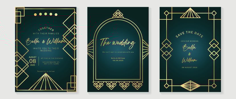 Luxury wedding invitation card background vector. Golden elegant geometric art deco gatsby style line art frame. Premium design illustration for wedding and vip cover template, banner, poster. vector