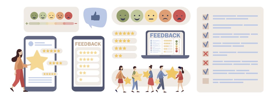 Feedback icon set. Emotions scale, stars rating online concept. Customer survey, review and opinion. Vector flat illustration
