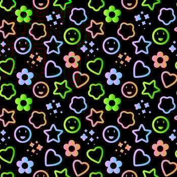 Seamless pattern of neon and acid elements. Vector illustration. Background with stars, hearts and flowers with trendy gradient colors.