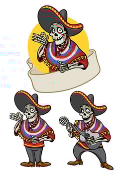 cartoon of skull mexican set vector