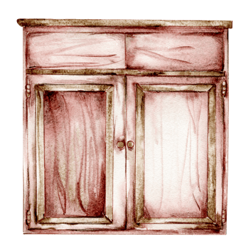 Hand drawn watercolor vintage style cupboard. Isolated furniture for interior.Vintage interior background with mid century modern furniture Interior Decor Scene.Farmhouse kitchen,cottage illustration. png