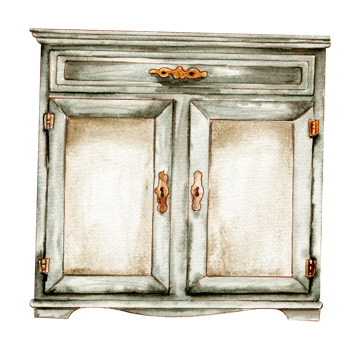 Hand drawn watercolor vintage style cupboard. Isolated furniture for interior.Vintage interior background with mid century modern furniture Interior Decor Scene.Farmhouse kitchen,cottage illustration. png