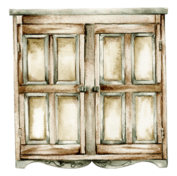 Hand drawn watercolor vintage style cupboard. Isolated furniture for interior.Vintage interior background with mid century modern furniture Interior Decor Scene.Farmhouse kitchen,cottage illustration. png
