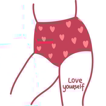Outline female hips in panties with hearts.Love yourself concept.Body Positive. vector