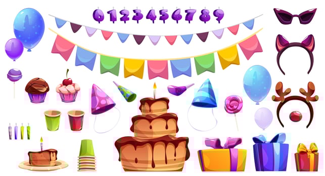 Cute birthday vector party element set with cake