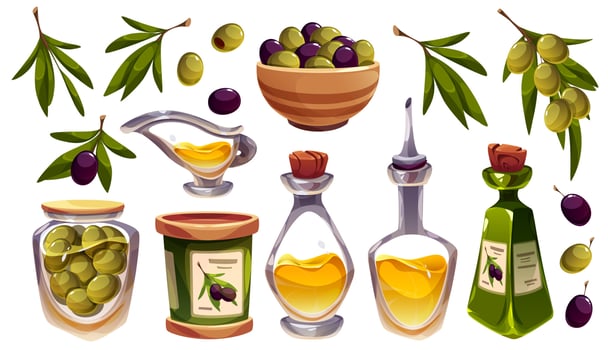Food icons with olive, oil in bottles and leaves vector