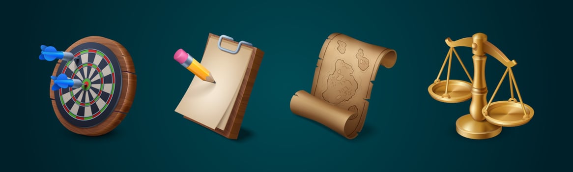 Game icons of target, map, clipboard and scales vector