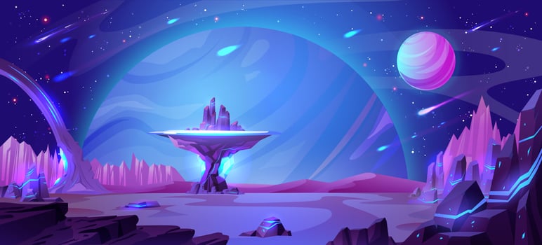 Alien planet surface, neon color meteor shower vector