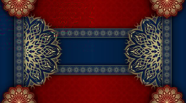 luxury background blue and red with golden mandala ornament vector