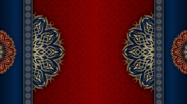 luxury background blue and red with golden mandala ornament vector