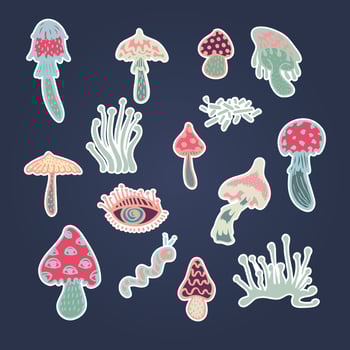 Collection of groove mushroom psychedelic stickers. Retro design of hipster icons Doodle style graphic. Vintage trippy cartoon 60 70 80 90 trendy vector illustration Color symbols on black background