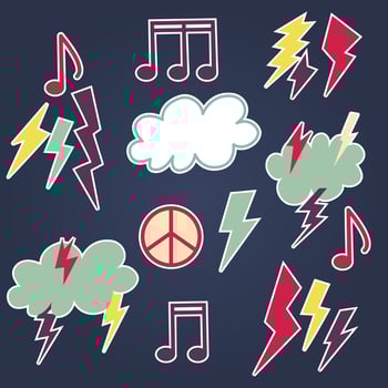 Collection stickers of groove psychedelic music elements. Retro design icons. Doodle style graphic. Vintage trippy cartoon 60 70 80 90 trend vector illustration Color symbols on chalkboard background
