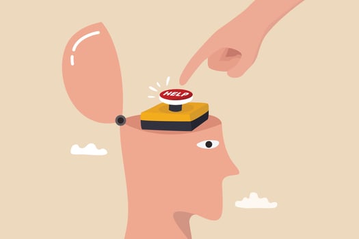 Mental help support, help or psychotherapy, relaxation to reduce anxiety, stress or suicide prevention, depression or mental illness treatment concept, man open head to push emergency help button. vector