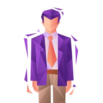 Low poly man in suit standing, vector illustration.