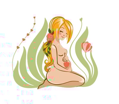 Pregnant woman hugs her belly.  Motherhood, pregnancy. Mother's Day. Vector illustration
