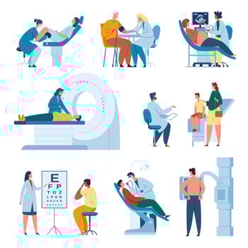 Doctors and patients. Doctor consulting patient at clinic. Professional medical staff at work. Patient examination or treatment vector set
