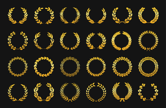 Golden laurel wreath. Antique gold olive branch emblems, foliate ornament victory logos. Cinema festival movie winner award vector set