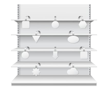 Wobblers on shelves. Retail sale danglers hanging on supermarket shelf. Realistic showcase display with white price tags vector template