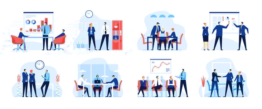 Office business meeting. Business team working in office. Conference, presentation, corporate training, brainstorming vector concept set