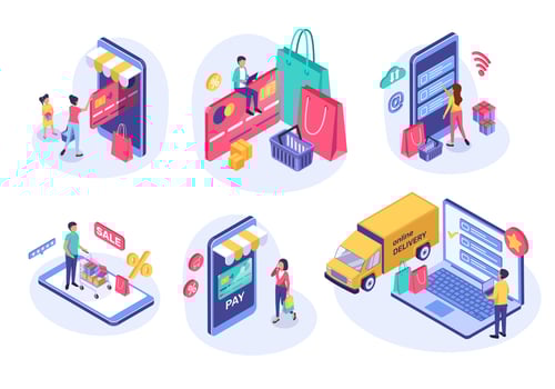Isometric online shopping. People buying online using phone. E-commerce, digital payment, sale discount, delivery 3d vector concept