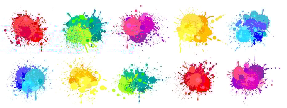Paint splatter. Colorful spray paints splashes, rainbow colored ink stains, drops, blot. Abstract grunge color painted stains vector set