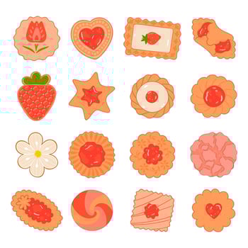 Set of top view strawberry cookies isolated on white background. Vector graphics.