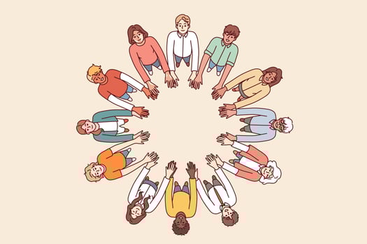 Friendly people stand in circle hold hands for collaboration and teamwork, top view. University students of different gender and race get education together while studying in college vector