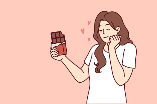 Happy woman enjoying taste of dark chocolate using sweet dessert for snacking and quickly removing hunger. concept of taking milk chocolate with sugar content to fight diabetes and increase insulin vector