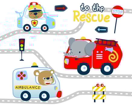Vector illustration of funny animals cartoon on rescue vehicles, traffic elements cartoon