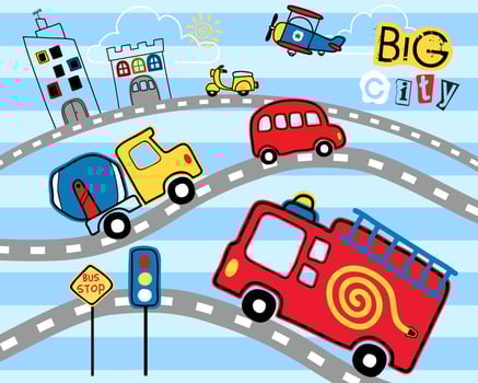 Vector illustration of hand drawn vehicles cartoon in the road with buildings