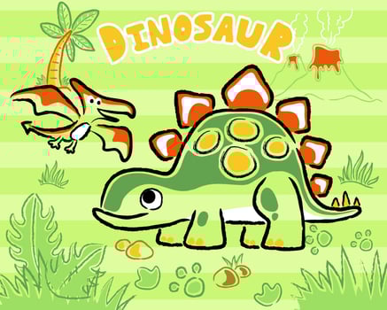 Vector illustration of hand drawn dinosaurs cartoon in forest
