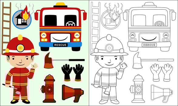 Coloring book or page of firefighter element cartoon with boy in fireman costume vector