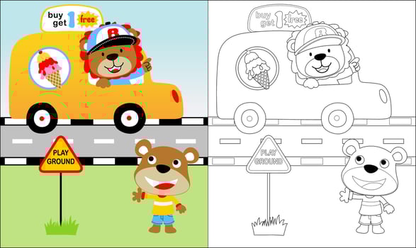 Vector illustration of cute lion on ice cream seller car with little bear, coloring book or page