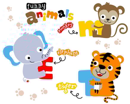 Cute animals cartoon hugging letters vector