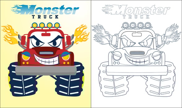 Coloring book or page of monster truck cartoon with creepy smile vector