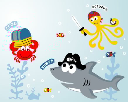 Funny marine animals cartoon wearing pirate accessories undersea vector