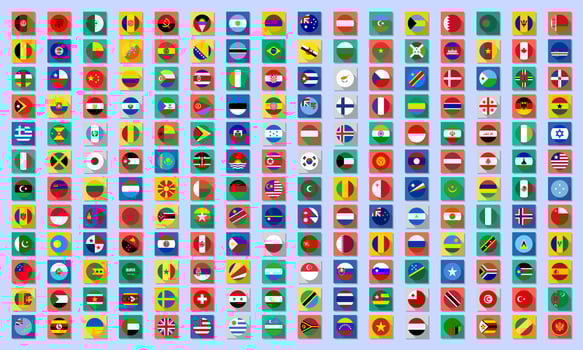 Vector flags of all countries of the world in a circle with a long shadow on bright backgrounds.