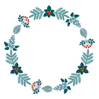 Merry Christmas floral round frame with winter plants frame - wreath in flat style. Illustrations with botanical symbols of holiday - pine, leaves, cone, berry in red, green colors. vector