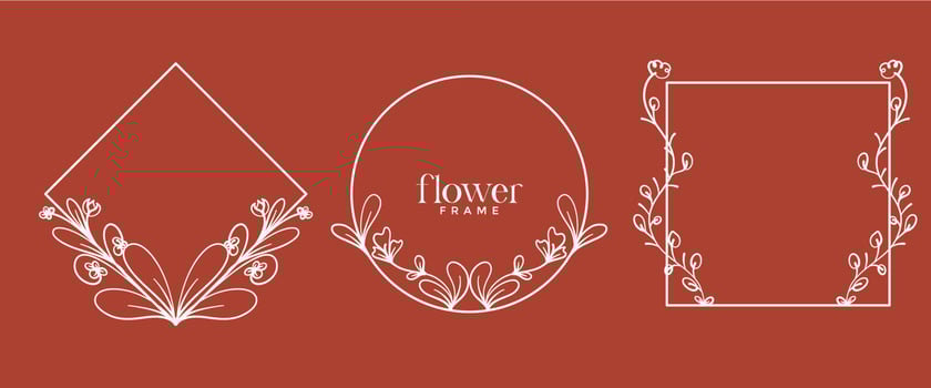 Hand drawn floral frame in line style. Set simple minimal wreath with floral branches and leaves. Vector logo template for labels, corporate identity, wedding invitations, greeting cards