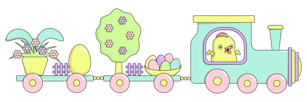 Happy Easter train with a cute chicken, a spring tree in flowers, painted bright eggs, a rabbit hiding behind a flower pot in pastel colors. Horizontal holiday vector banner in flat cartoon style