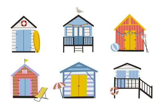 Set of hand drawn beach huts. Colorful summer illustration vector