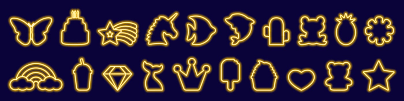 Big set of led fantasy birthday, food, animal neon frames in trendy yellow color. Glow symbols and characters, unicorn, rainbow, butterfly, crown, star, cake. Vector illustration in neon style