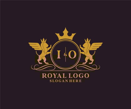 Initial IO Letter Lion Royal Luxury Heraldic,Crest Logo template in vector art for Restaurant, Royalty, Boutique, Cafe, Hotel, Heraldic, Jewelry, Fashion and other vector illustration.