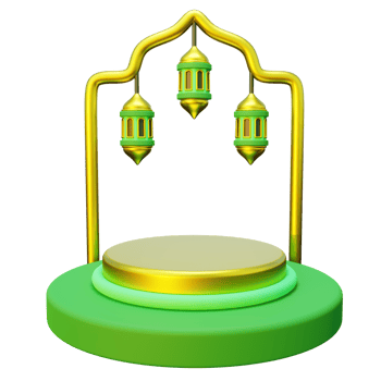 3D ramadan podium decorated with colorful lights and a traditional lantern png