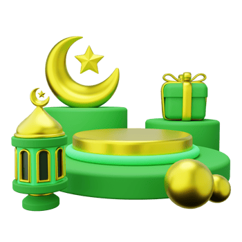 3D ramadan podium decorated with crescent, giftbox and lantern png