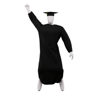 3d diploma graduation figure pose with cap and gown. And is doing a jump pose with raising his right hand. png