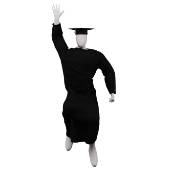 3d diploma graduation figure pose with cap and gown. And is doing a jump pose and greeting. png