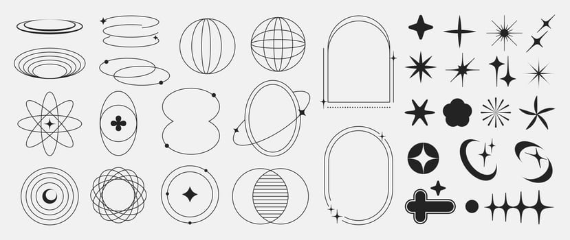 Set of geometric shapes in trendy 90s style. Black trendy design with frame, sparkles, heart, flower, star, lines. Y2k aesthetic element illustrated for banners, social media, poster design, sticker. vector